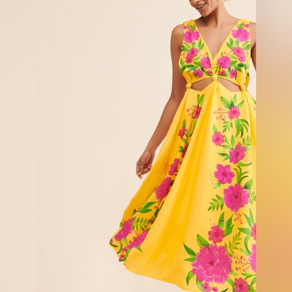 FARM Rio Romantic Garden Yellow Pink Plunge Midi Dress Size M - Picture 5 of 13